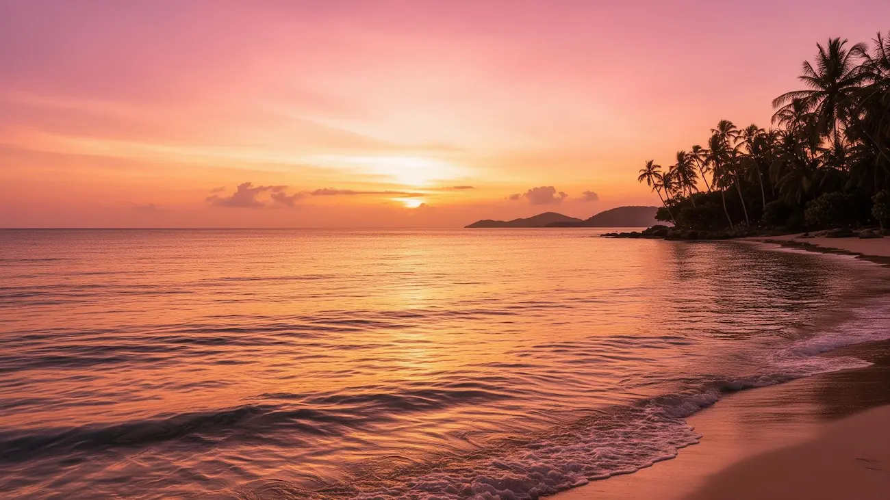 Tropical beach sunset with palm trees and golden reflections